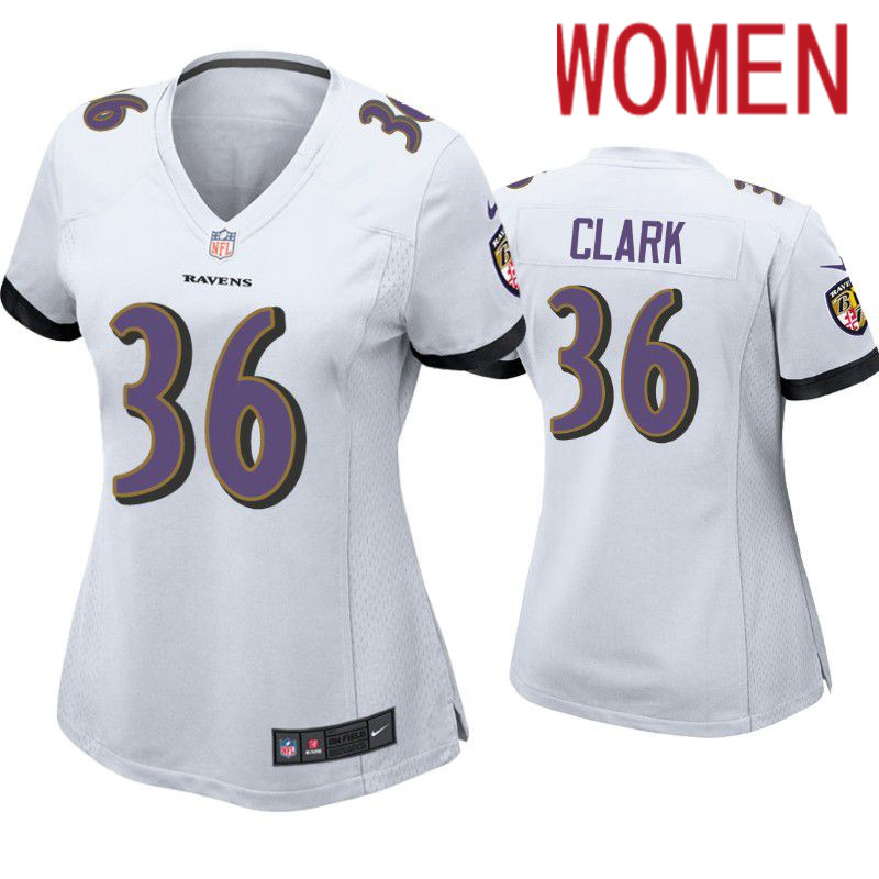 Women Baltimore Ravens #36 Chuck Clark Nike White Game NFL Jersey->women nfl jersey->Women Jersey